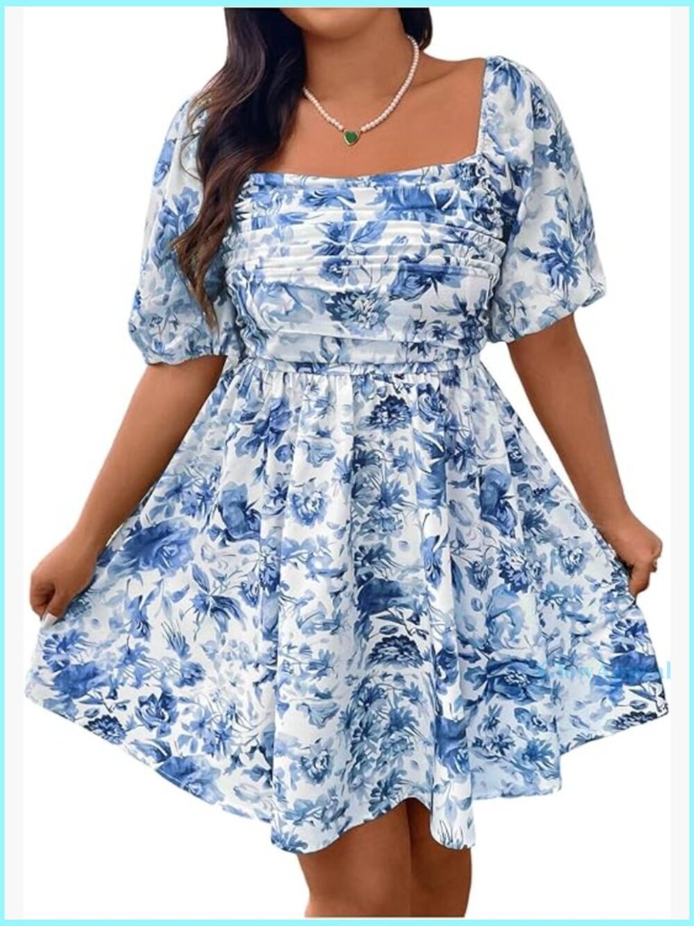 Plus Size Floral Print Puff Sleeve Ruched A-Line Short Dress